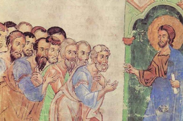 "Даром получили, даром давайте". Христос посылает на проповедь апостолов. Миниатюра. Сийское Евангелие, XIV век