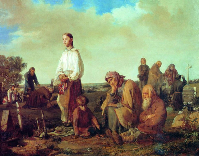 Корзухин А.И. Поминки на деревенском кладбище. 1865