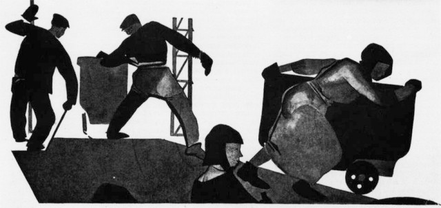 А. А. Дейнека. Наша взяла. Поднимаем производство. Иллюстрация из журнала «Безбожник у станка» (1924. № 10)
