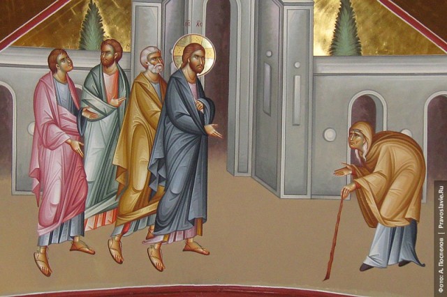 Исцеление согбенной женщины. Фреска Фаворского монастыря