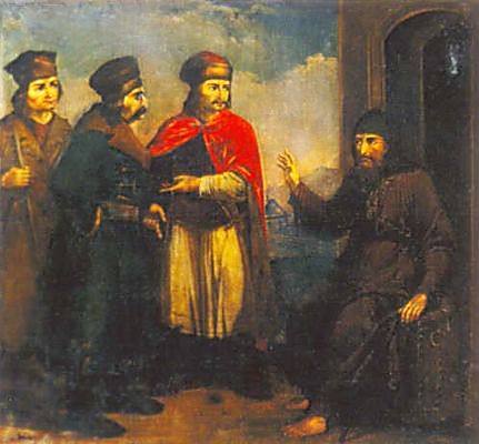 Польский пан Петр Сапега у преподобного Иринарха. Картина XIX века