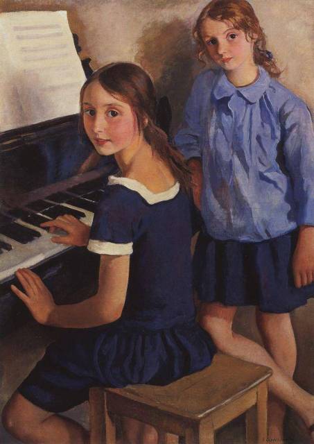 Зинаида Серебрякова. Таня и Катя.  Девочки у рояля. 1922 г.
