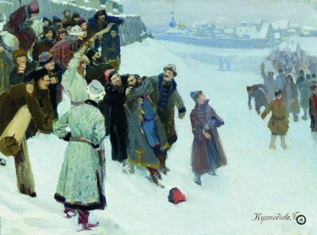 Борис Кустодиев. Кулачный бой на Москва-реке. 1897 г.