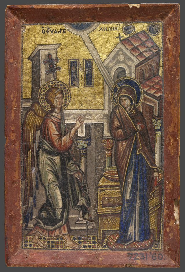 Благовещение. Мозаичная икона. 1300-1325гг.; Византия. Константинополь; XIV в.. Англия. Лондон. Музей Виктории и Альберта