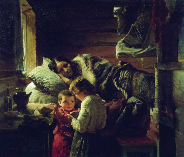 Корзухин Алексей Иванович. У краюшки хлеба. 1890 г.