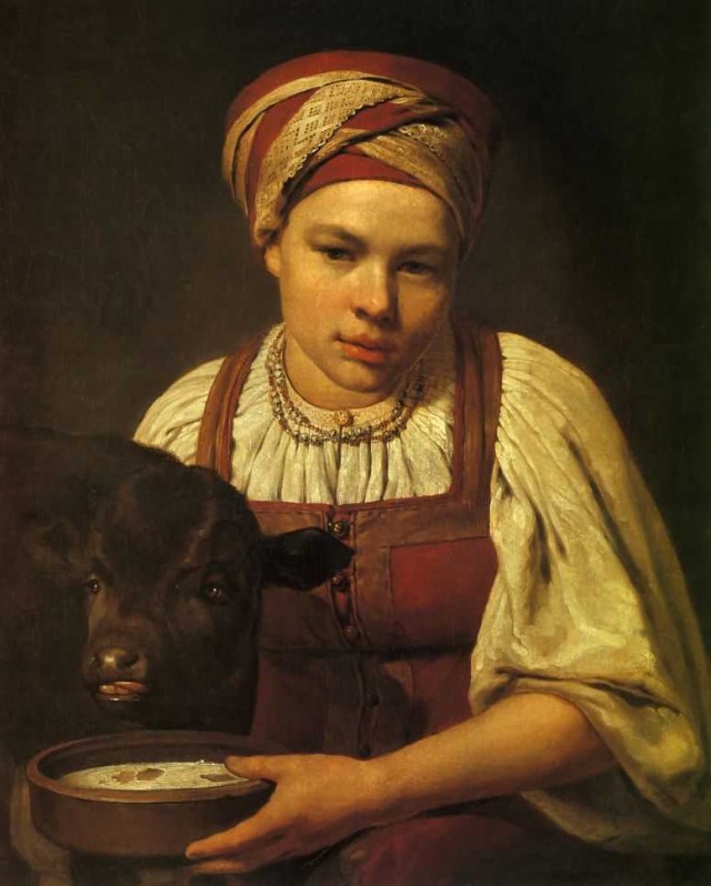 Венецианов Алексей Гаврилович. Девушка с теленком. 1829 г.