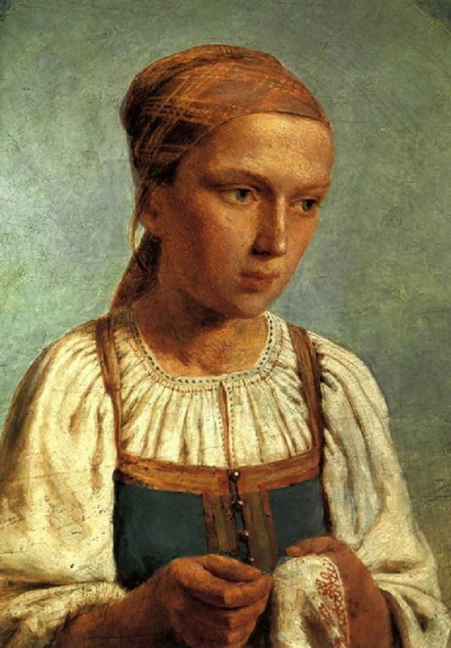 Венецианов Алексей Гаврилович. Крестьянская девушка за вышиванием 1843 г.