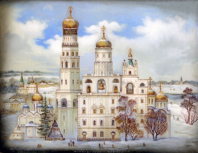Ивановская площадь Московского кремля. Современная федоскинская миниатюра