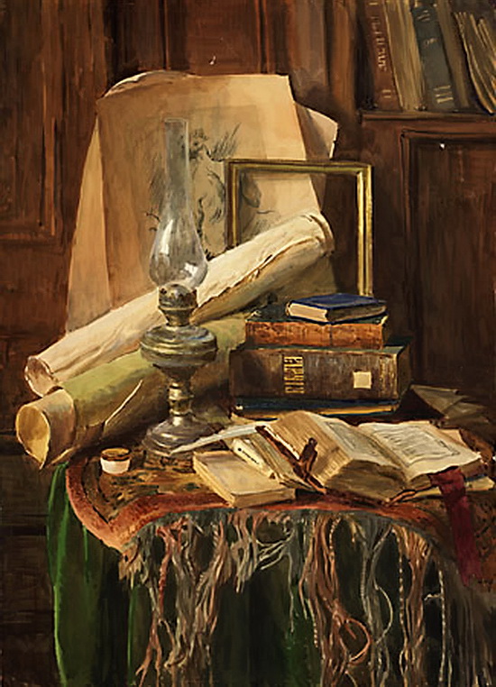 С. Н. Андрияка. Керосиновая лампа и старые книги. 1989 г.
