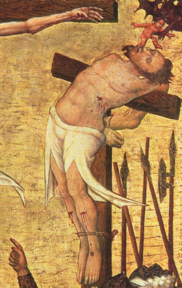 Ганс фон Тюбинген. «Распятие», фрагмент, ок. 1430 г. Душа Безумного разбойника отлетает от его уст и её забирает дьявол