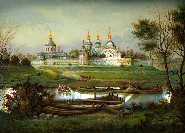 Вид на Даниловский монастырь. Современная федоскинская миниатюра