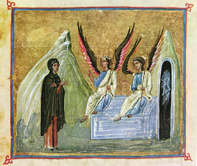 Мария Магдалина у гроба Господня; Византия; XI в.;  Евангелиарий; Греция. Афон, монастырь Дионисиат