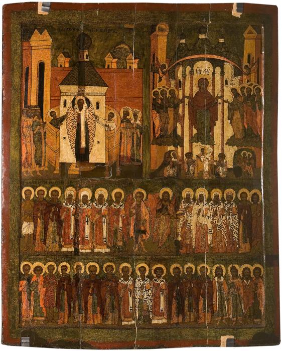 Воздвижение креста, Покров и избранные святые. Трехрядница. 1565 г. Государственная Третьяковская галерея