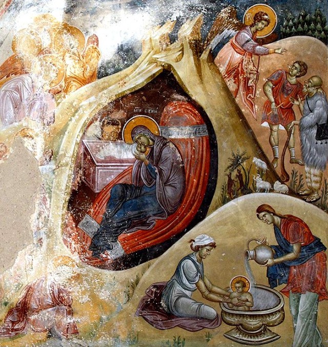 Рождество Христово. Фреска церкви Святых Иоакима и Анны в монастыре Студеница, Сербия. 1314 год.